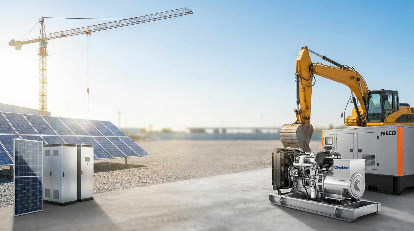 Solar panels alongside heavy construction equipment and power systems at an industrial site